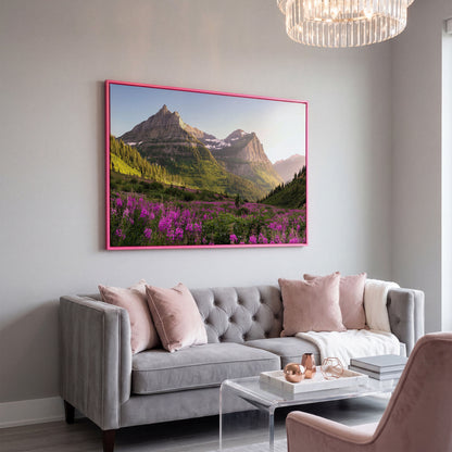 Field of Wildflowers with Rocky Mountains Canvas in pink floating frame