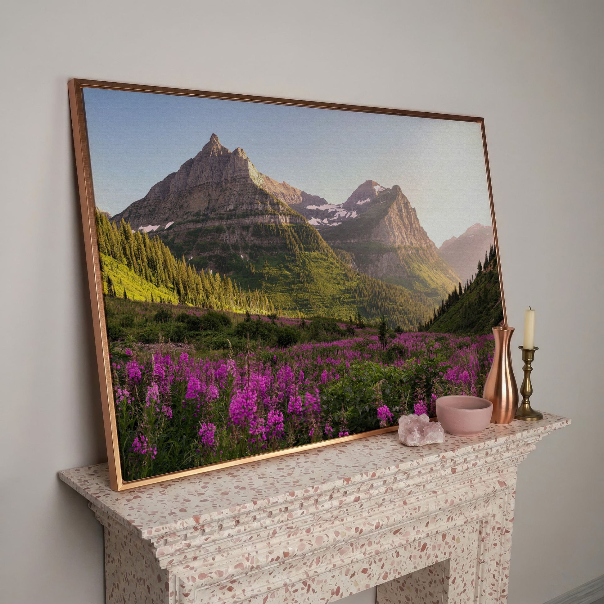 Field of Wildflowers with Rocky Mountains Canvas in rose gold floating frame