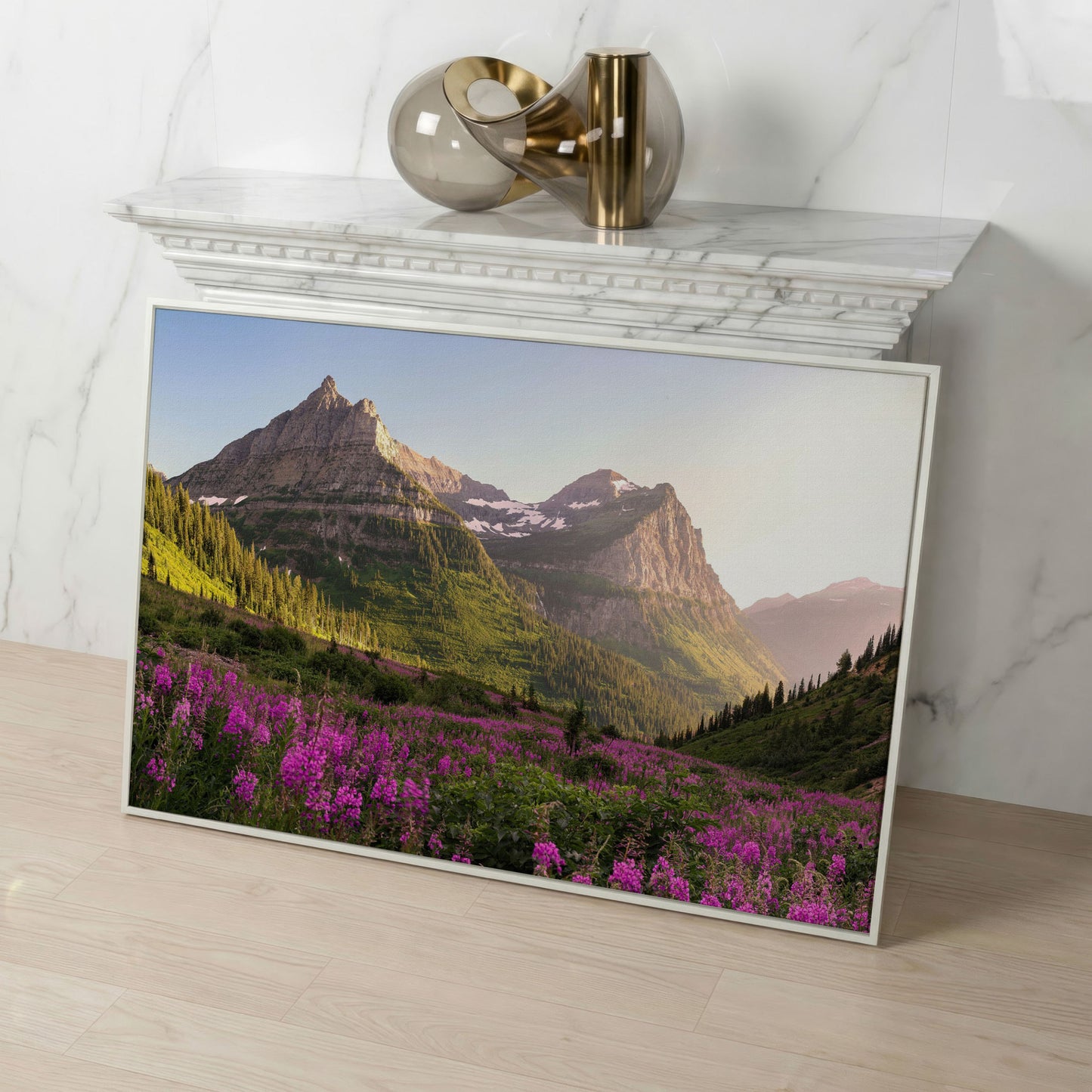 Field of Wildflowers with Rocky Mountains Canvas in white floating frame