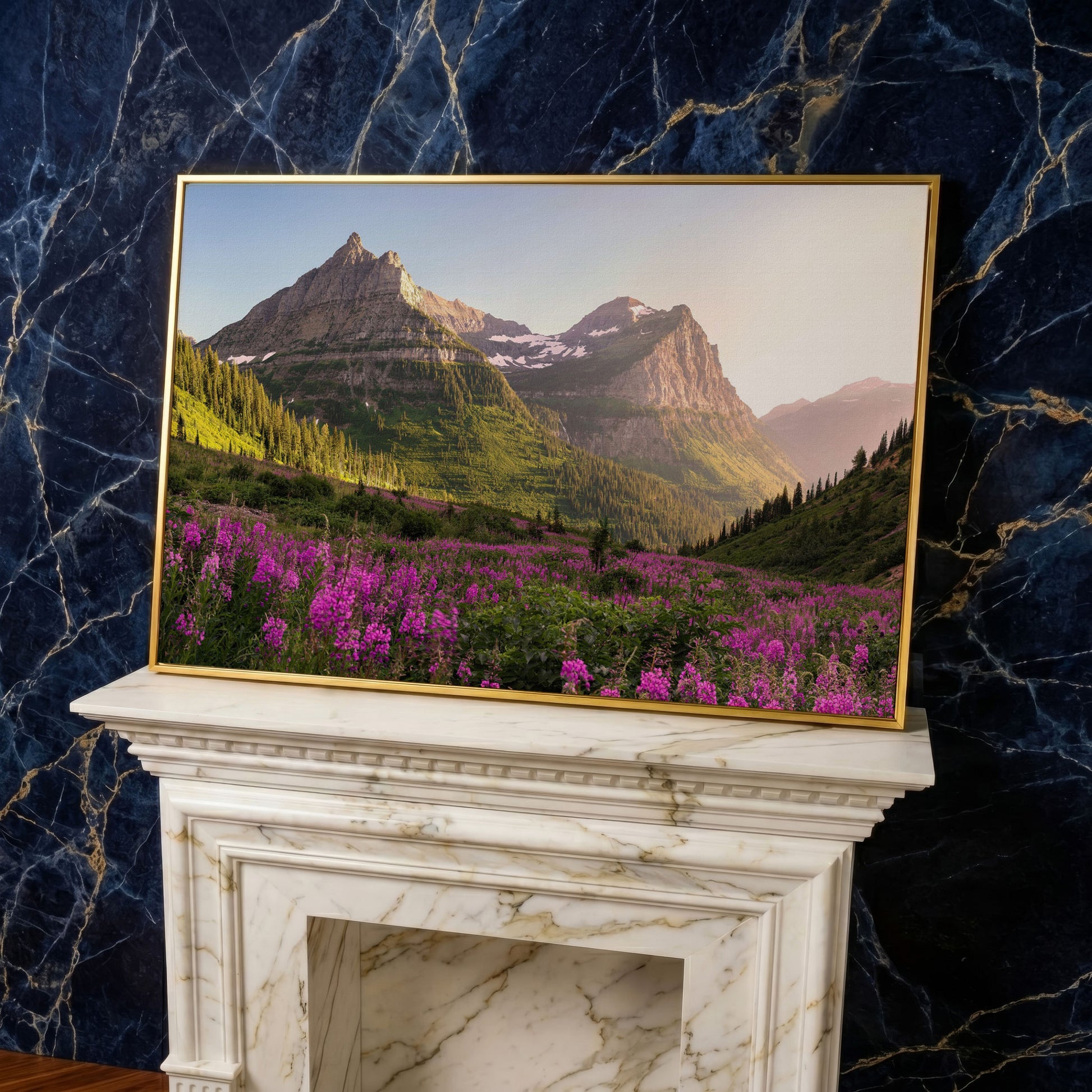 Field of Wildflowers with Rocky Mountains Canvas in yellow gold floating frame