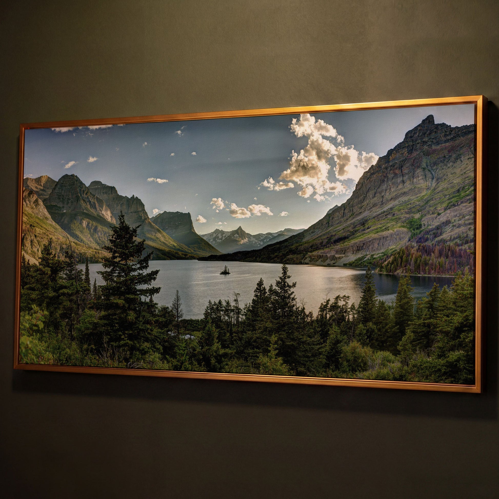 Glacier National Park Landscape Canvas shown in antique gold floating frame