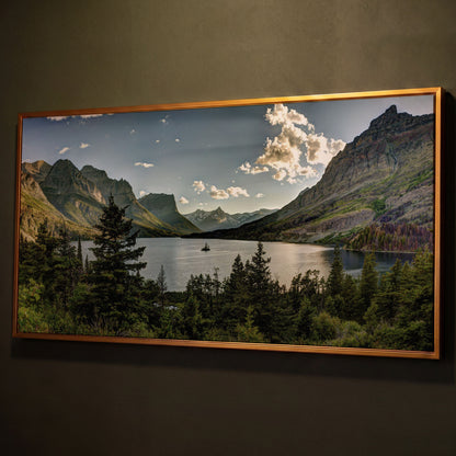Glacier National Park Landscape Canvas shown in antique gold floating frame
