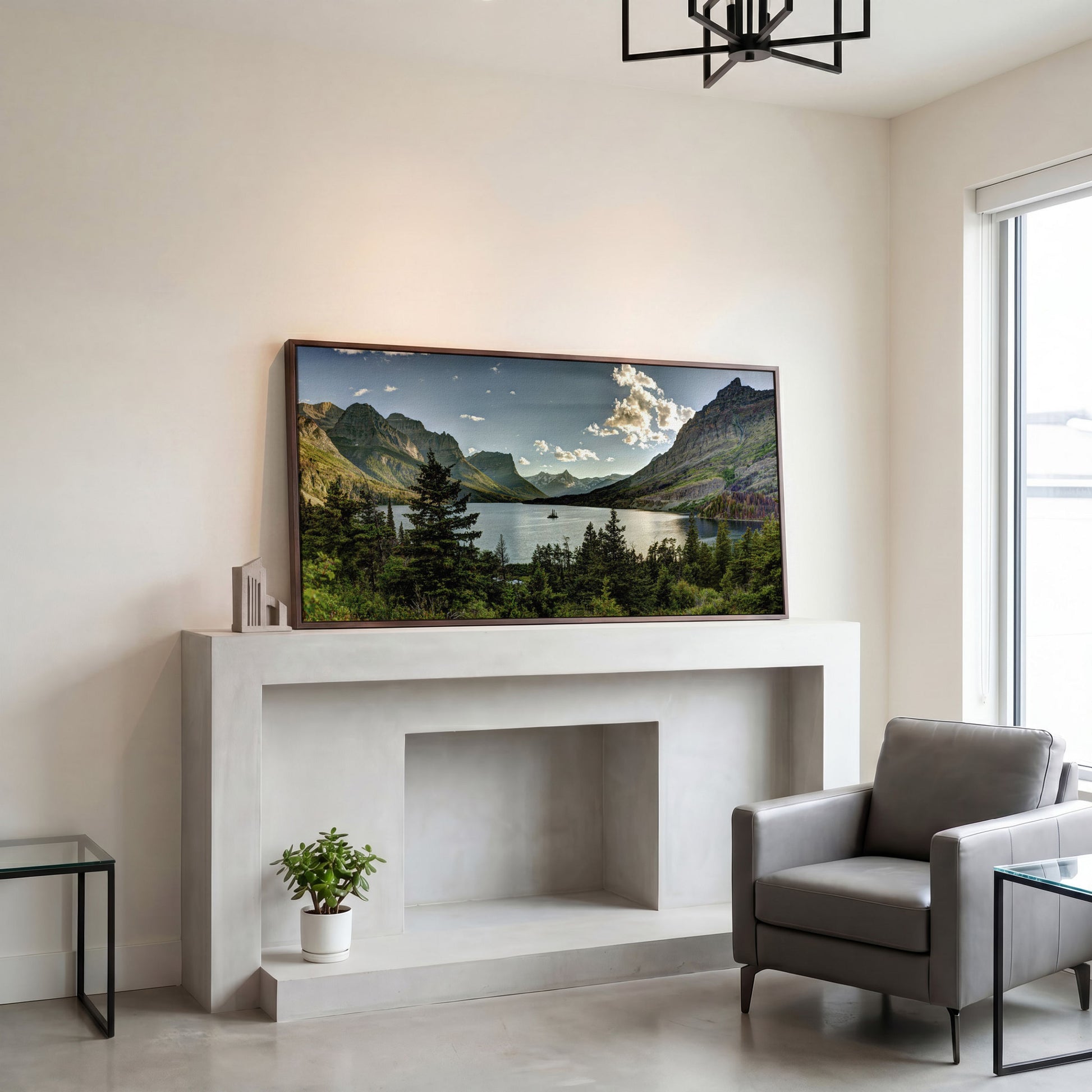 Glacier National Park Landscape Canvas in dark walnut floating frame