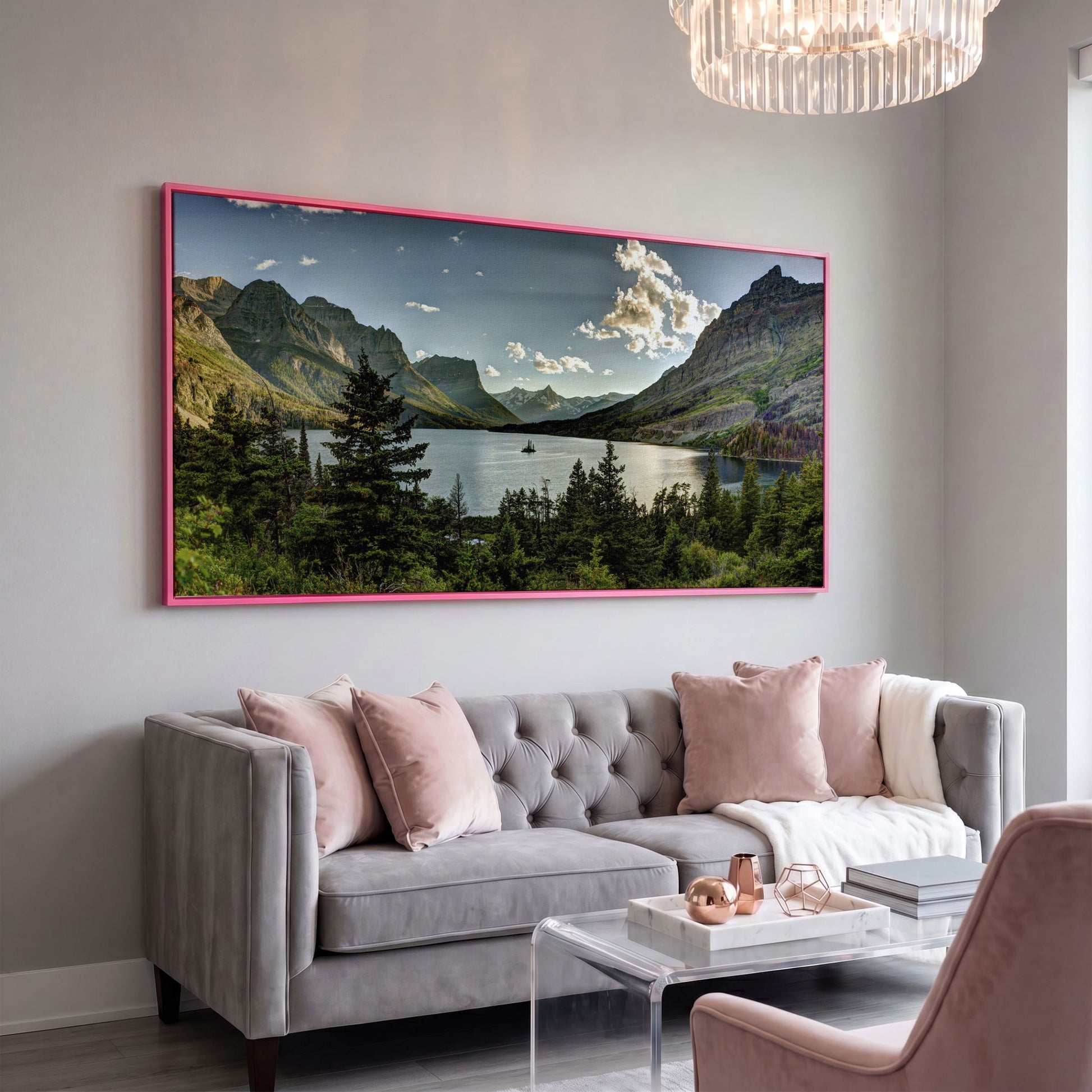 Glacier National Park Landscape Canvas in pink floating frame