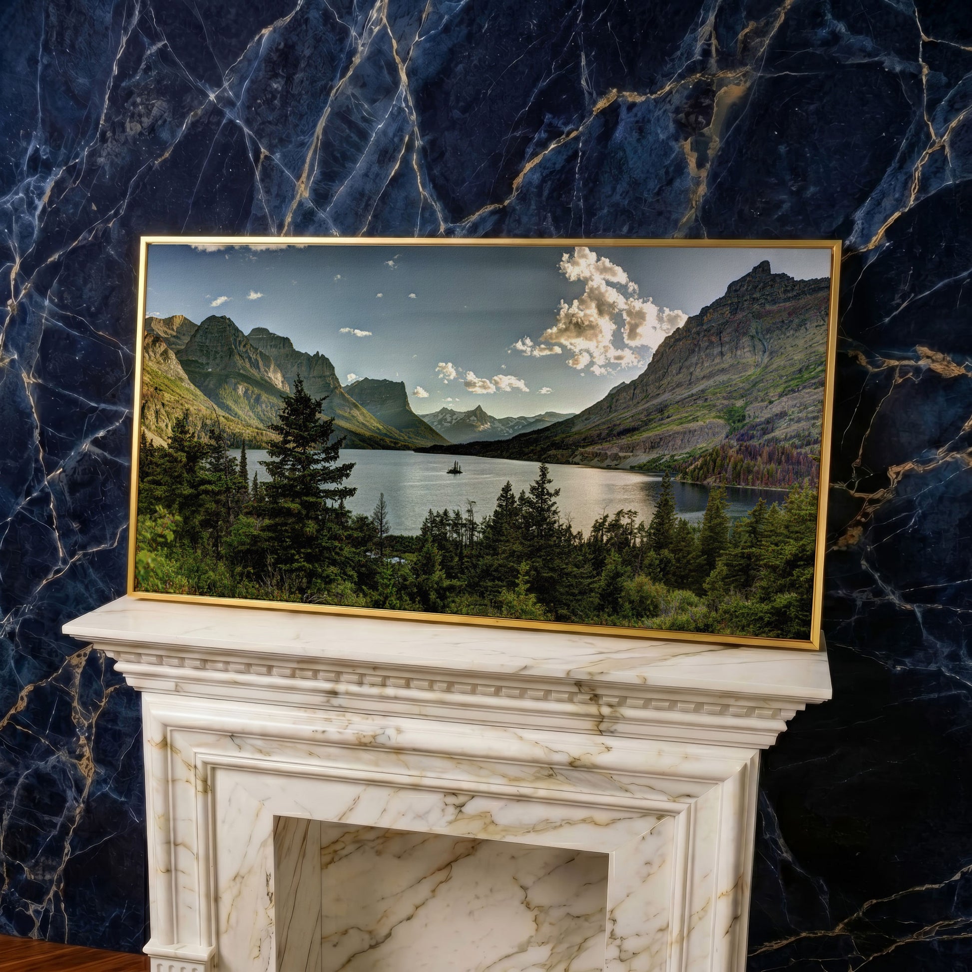 Glacier National Park Landscape Canvas in yellow gold floating frame