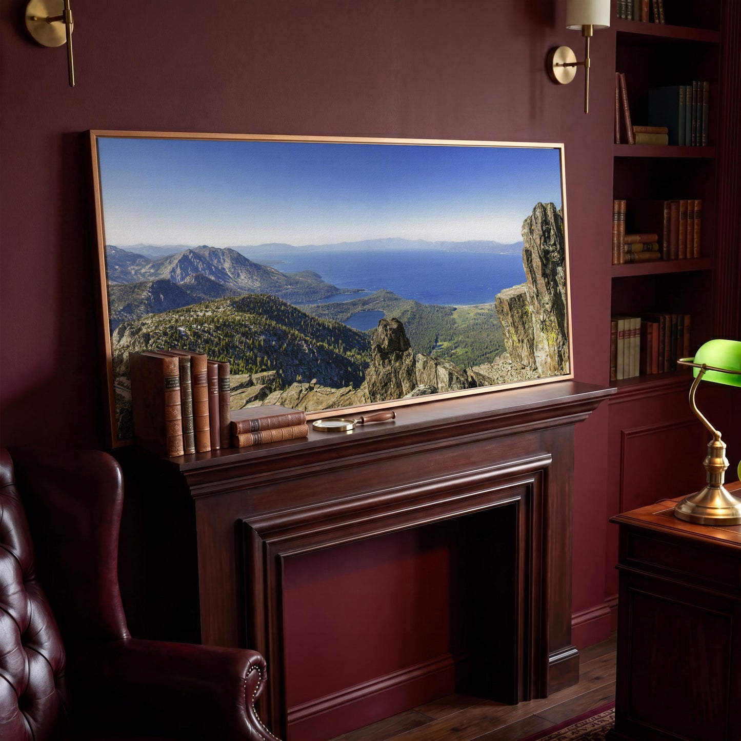 Lake Tahoe from Mount Tallac Canvas in antique gold floating frame