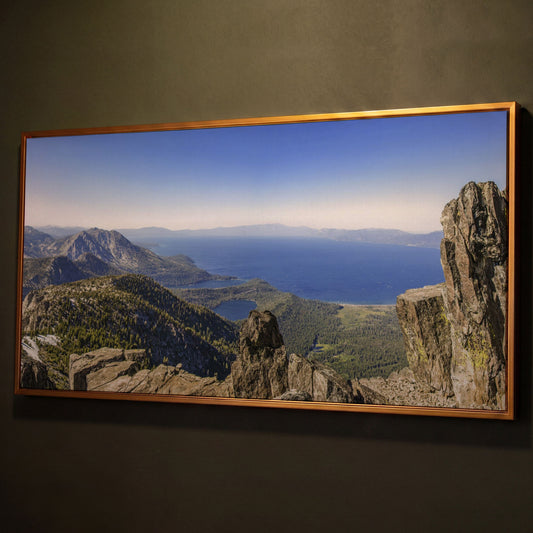 Lake Tahoe from Mount Tallac Canvas shown in antique gold floating frame