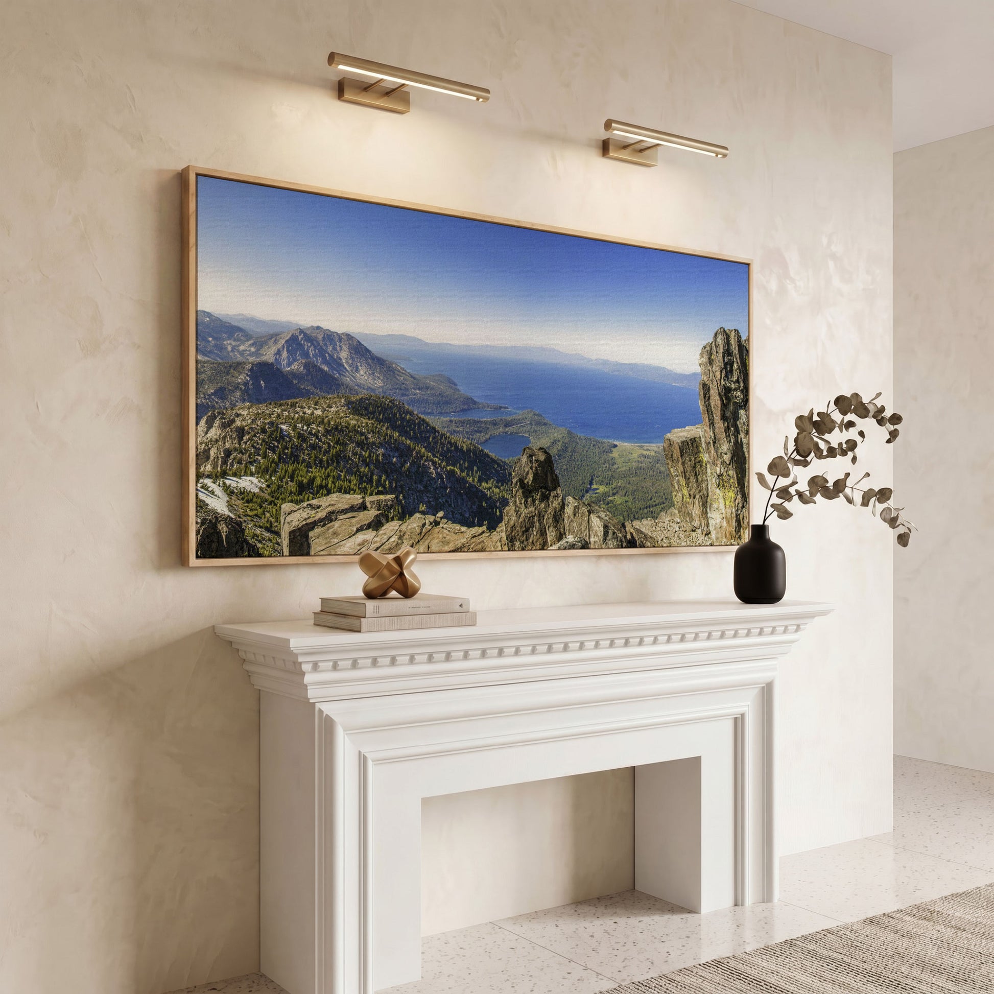 Lake Tahoe from Mount Tallac Canvas in white oak floating frame