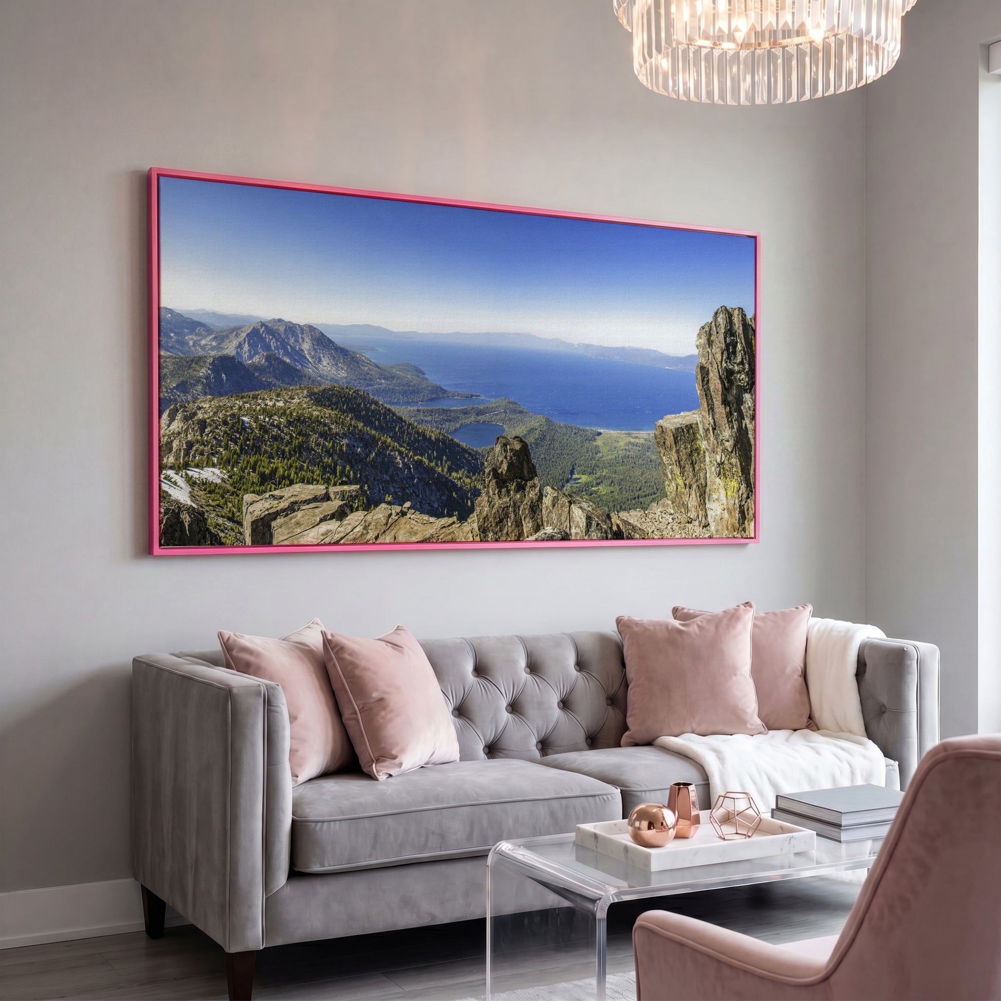 Lake Tahoe from Mount Tallac Canvas in pink floating frame