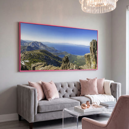 Lake Tahoe from Mount Tallac Canvas in pink floating frame
