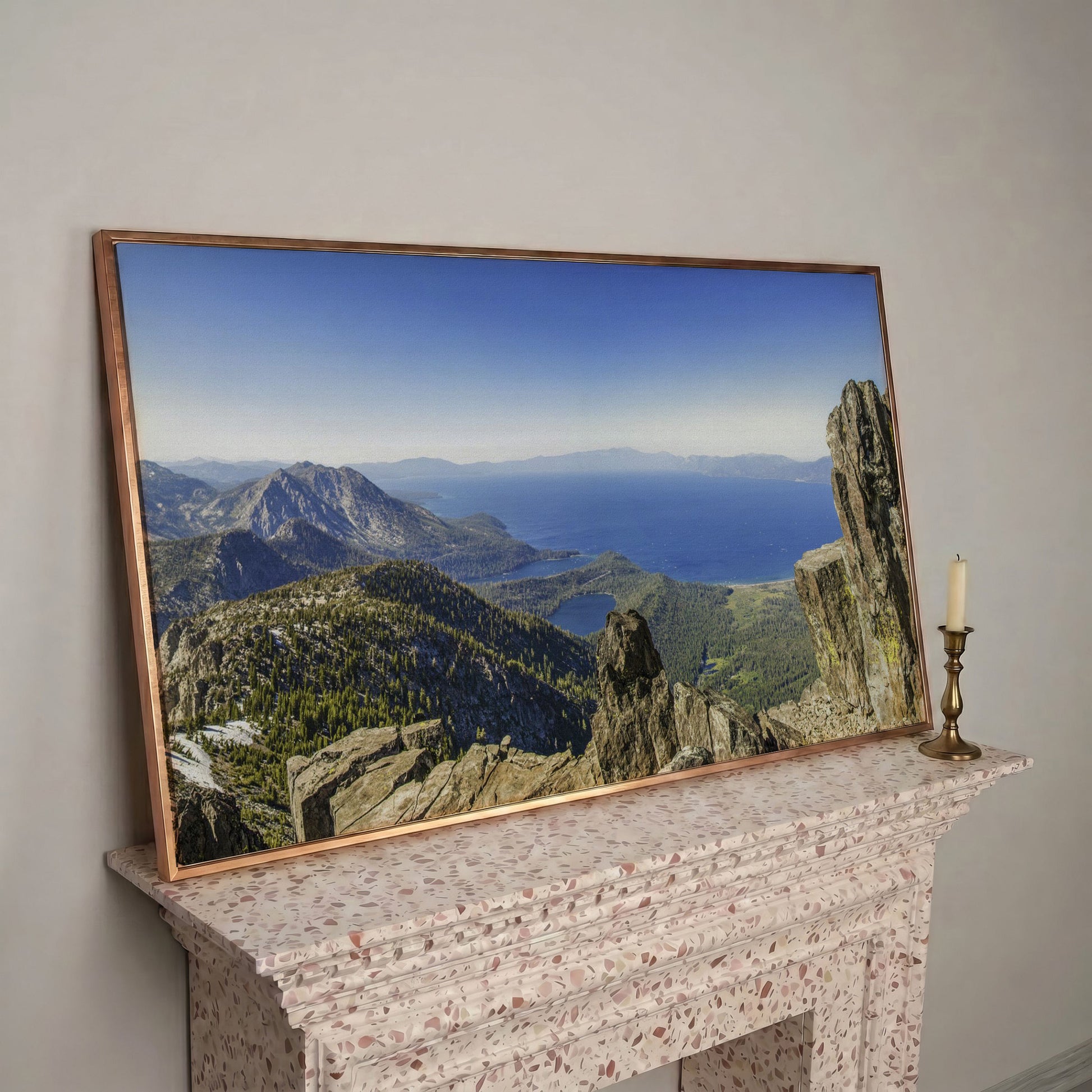 Lake Tahoe from Mount Tallac Canvas in rose gold floating frame