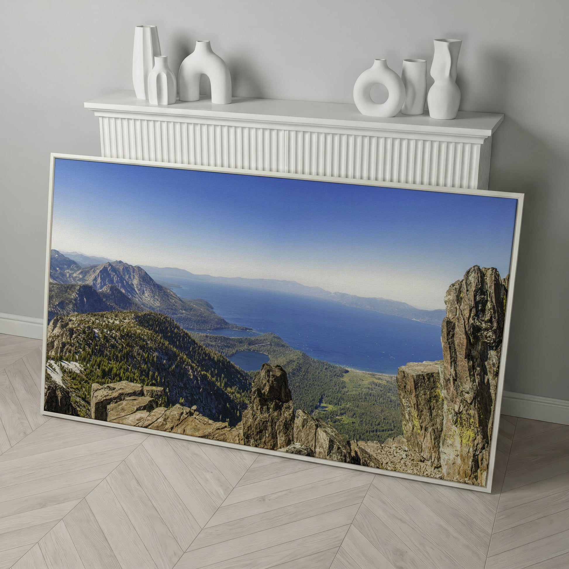 Lake Tahoe from Mount Tallac Canvas in white floating frame