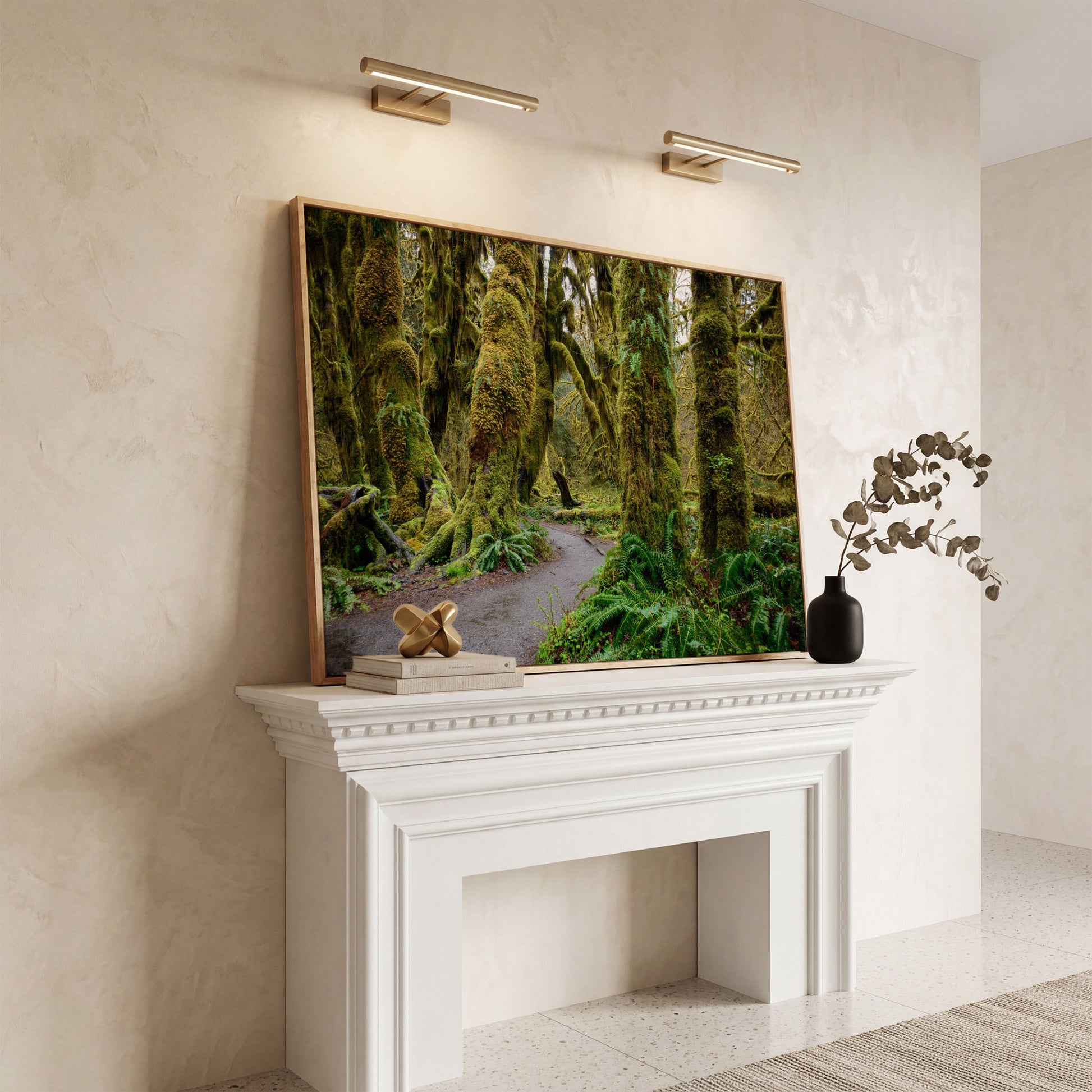 Ferns and Trail in Hoh Rainforest Landscape Canvas in white oak floating frame