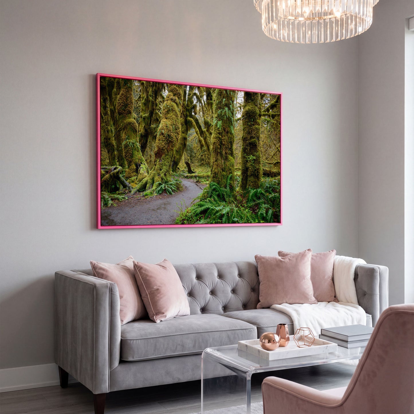 Ferns and Trail in Hoh Rainforest Landscape Canvas in pink floating frame