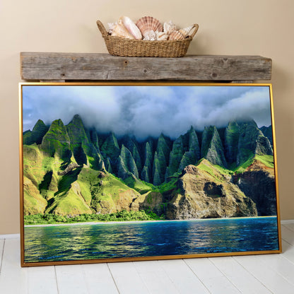Na Pali Coast Sunset Canvas Print Wall Art in antique gold floating frame