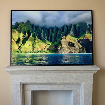 Na Pali Coast Sunset Canvas Print Wall Art in black floating frame