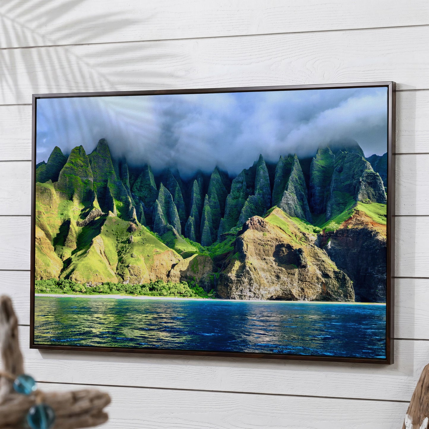 Na Pali Coast Sunset Canvas Print Wall Art in dark walnut floating frame