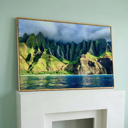 Na Pali Coast Sunset Canvas Print Wall Art in white oak floating frame