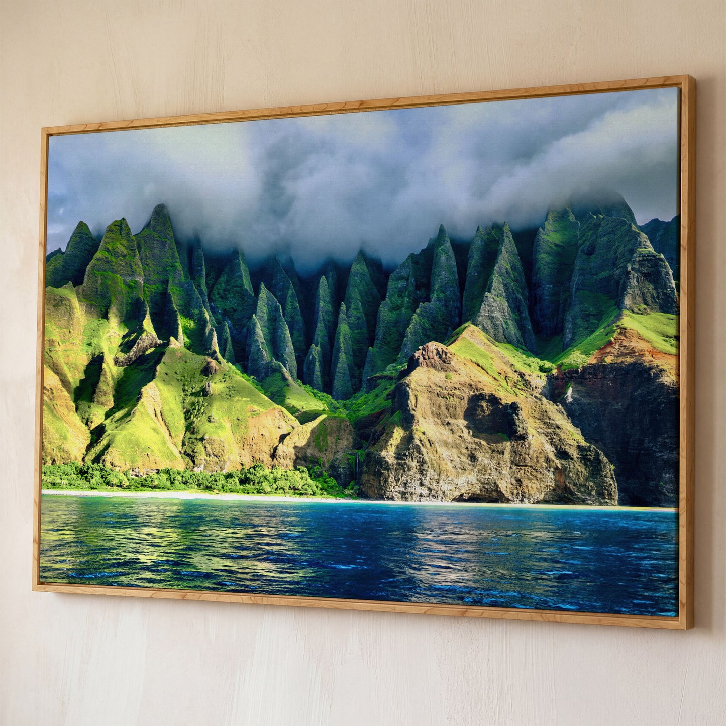 Na Pali Coast Sunset Canvas Print Wall Art shown in white oak floating frame