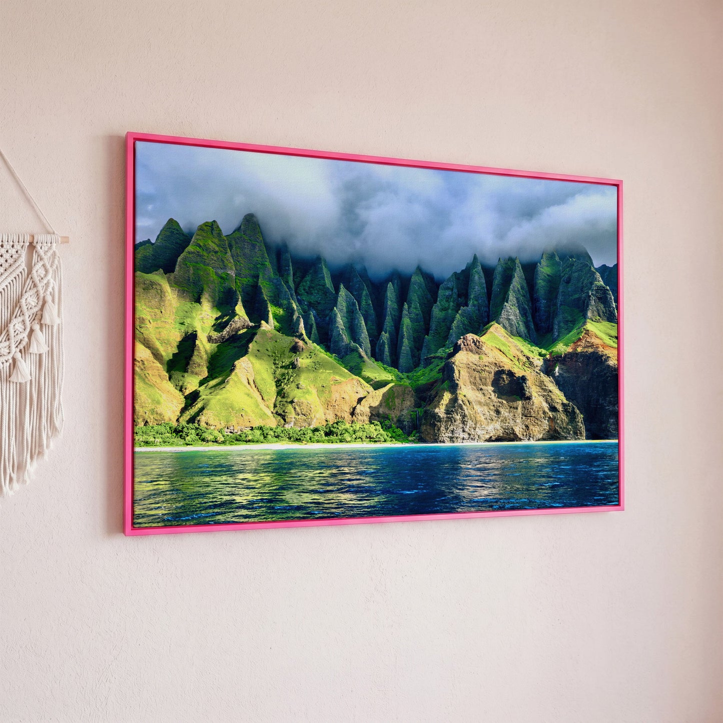 Na Pali Coast Sunset Canvas Print Wall Art in pink floating frame