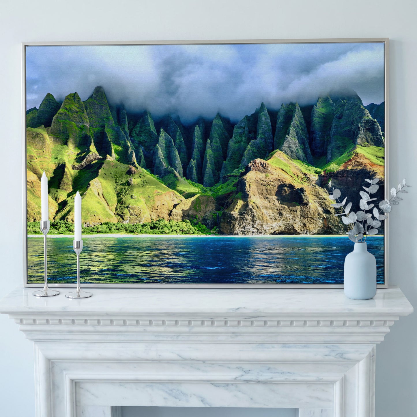 Na Pali Coast Sunset Canvas Print Wall Art in silver floating frame