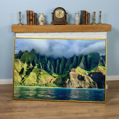 Na Pali Coast Sunset Canvas Print Wall Art in yellow gold floating frame