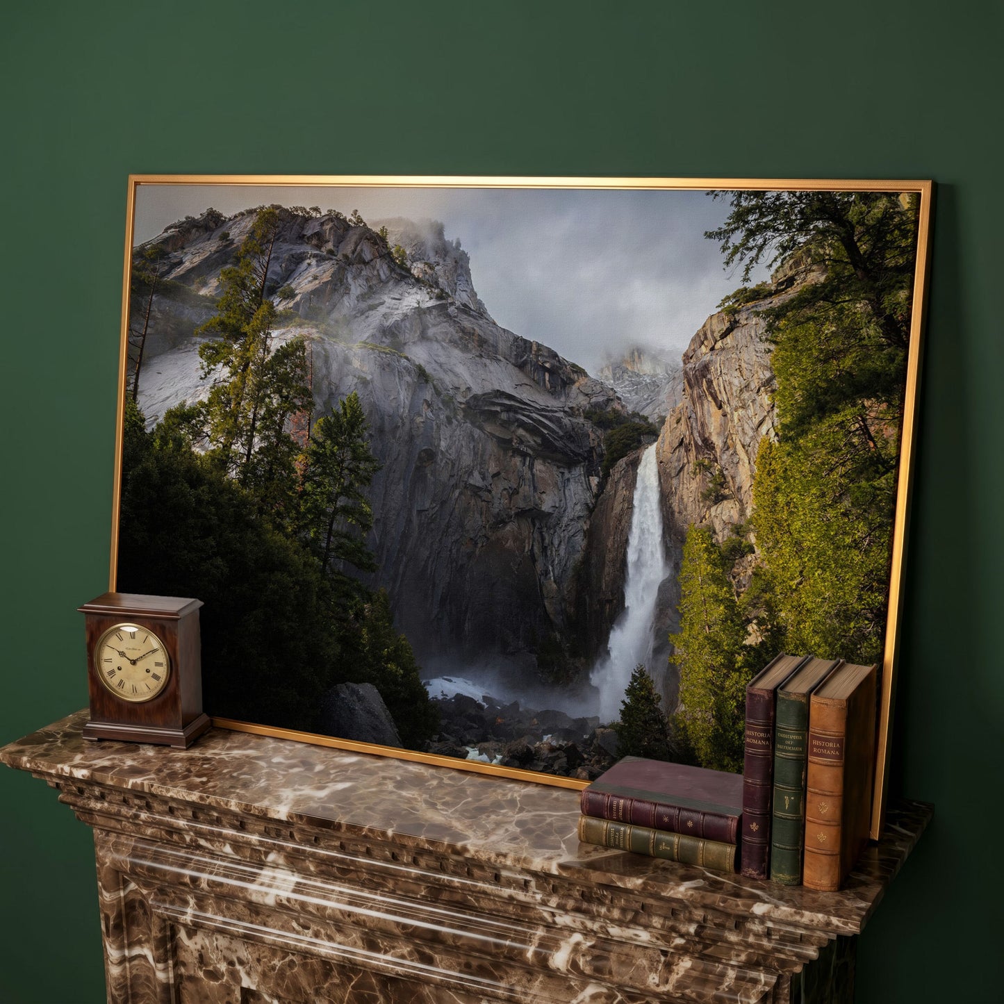 Winter Storm at Yosemite Falls Panoramic Canvas in antique gold floating frame