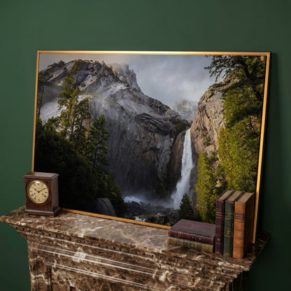 Winter Storm at Yosemite Falls Panoramic Canvas in antique gold floating frame