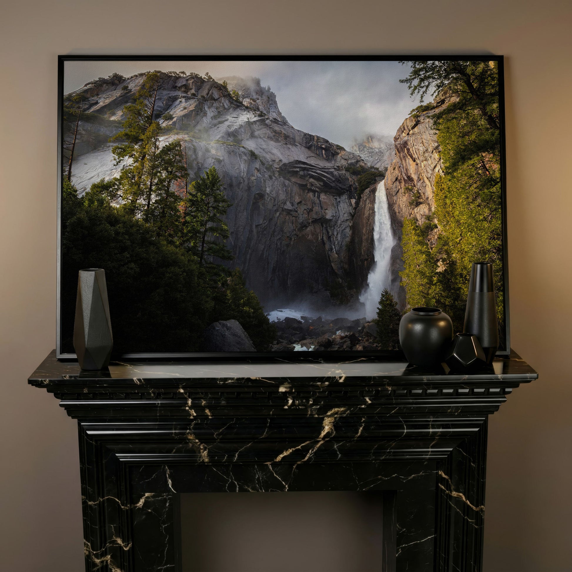 Winter Storm at Yosemite Falls Panoramic Canvas in black floating frame