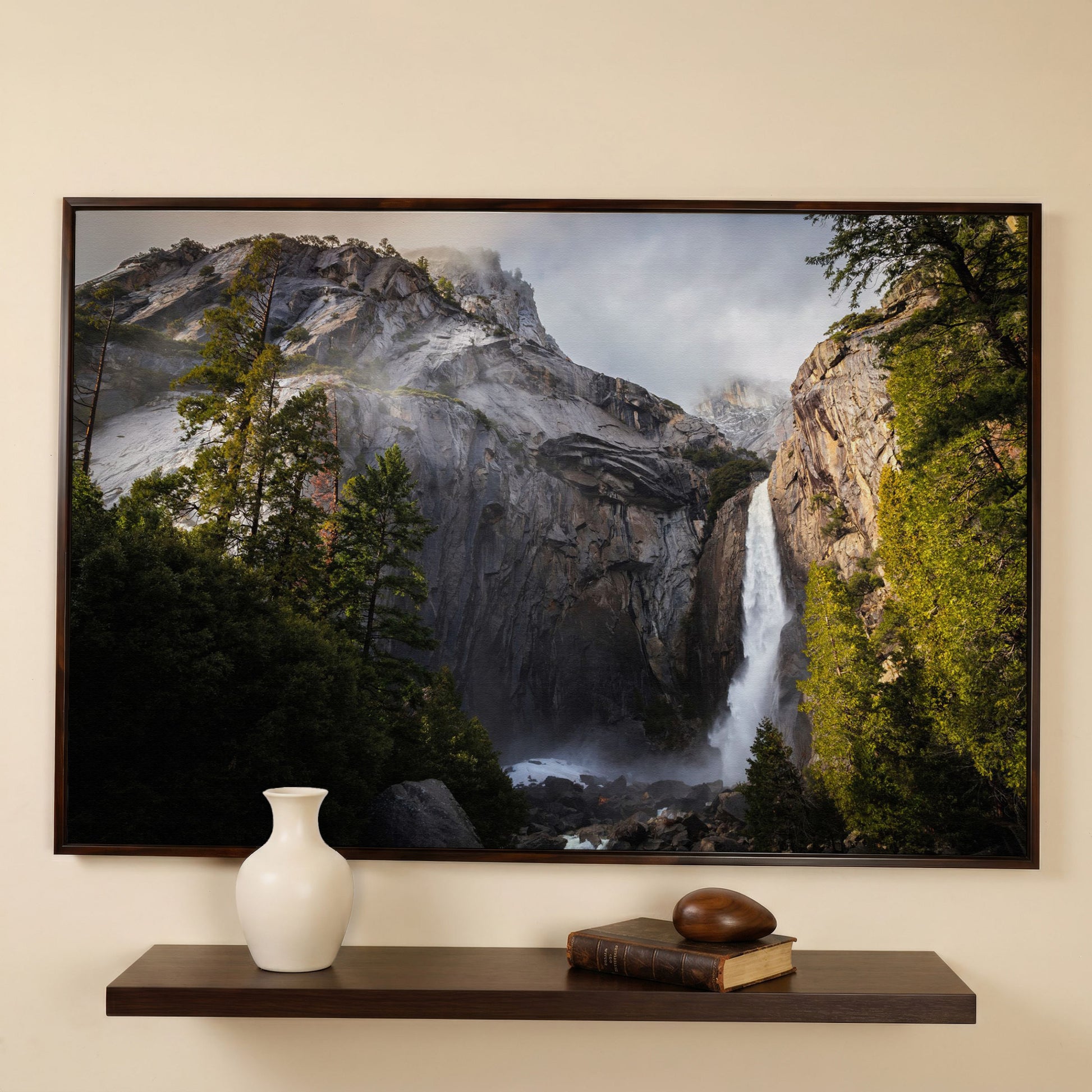 Winter Storm at Yosemite Falls Panoramic Canvas in dark walnut floating frame