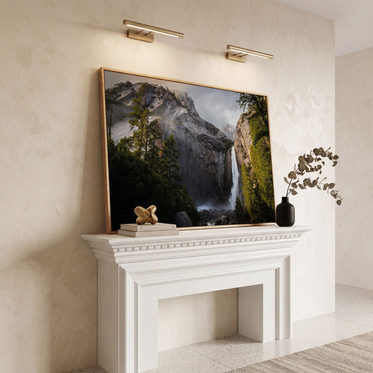 Winter Storm at Yosemite Falls Panoramic Canvas in white oak floating frame