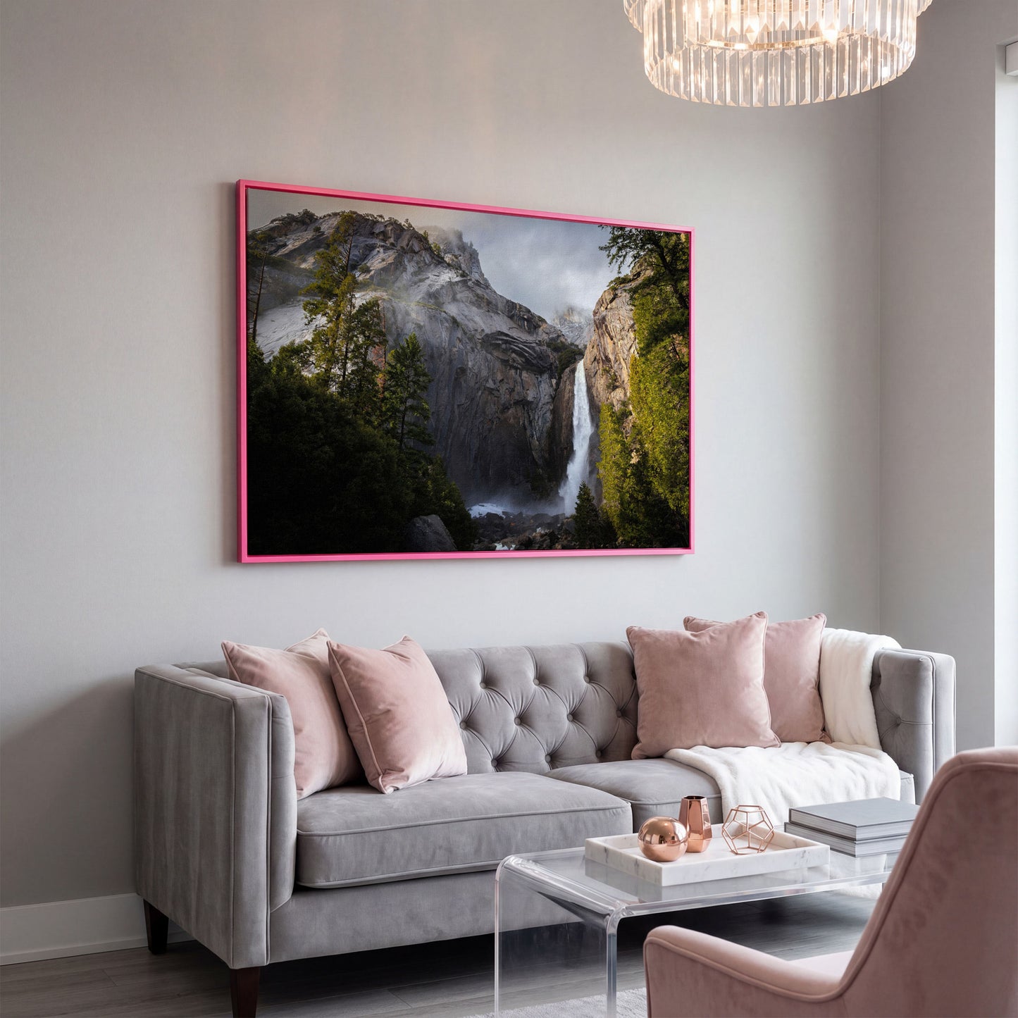 Winter Storm at Yosemite Falls Panoramic Canvas in pink floating frame