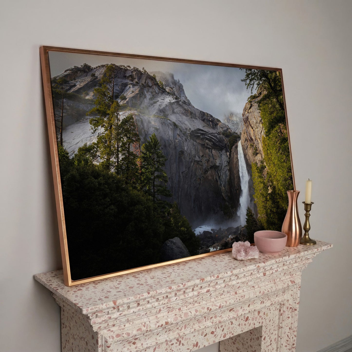 Winter Storm at Yosemite Falls Panoramic Canvas in rose gold floating frame