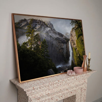 Winter Storm at Yosemite Falls Panoramic Canvas in rose gold floating frame