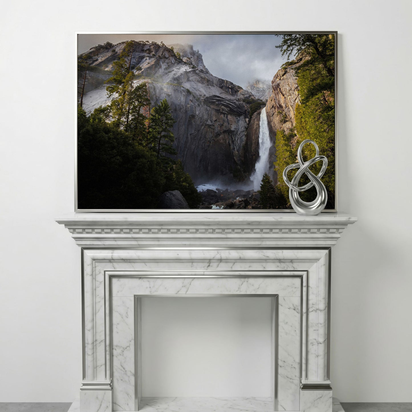 Winter Storm at Yosemite Falls Panoramic Canvas in silver floating frame