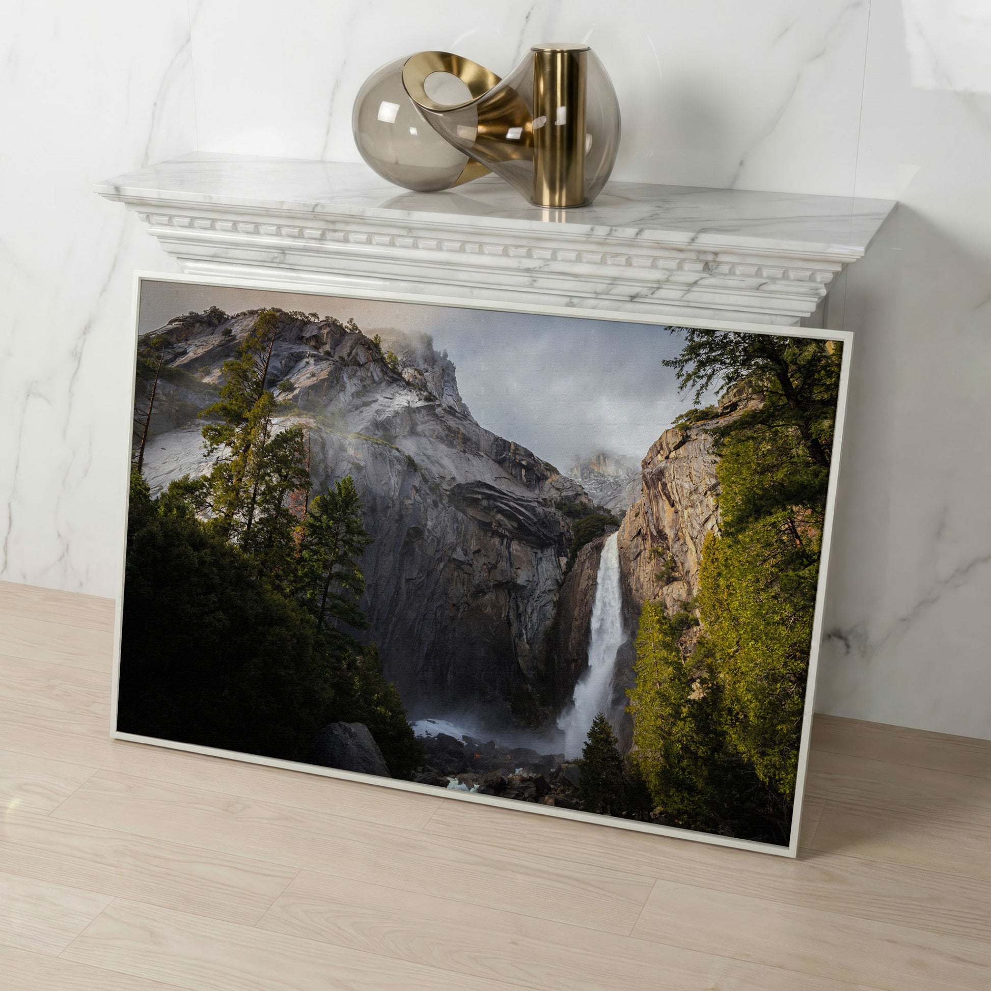Winter Storm at Yosemite Falls Panoramic Canvas in white floating frame