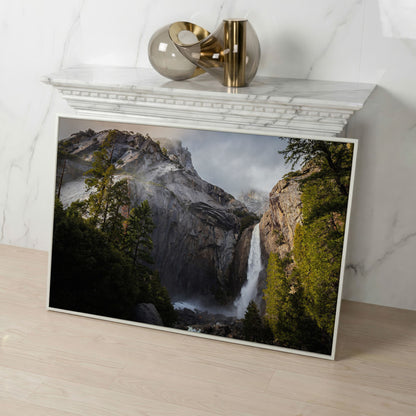 Winter Storm at Yosemite Falls Panoramic Canvas in white floating frame