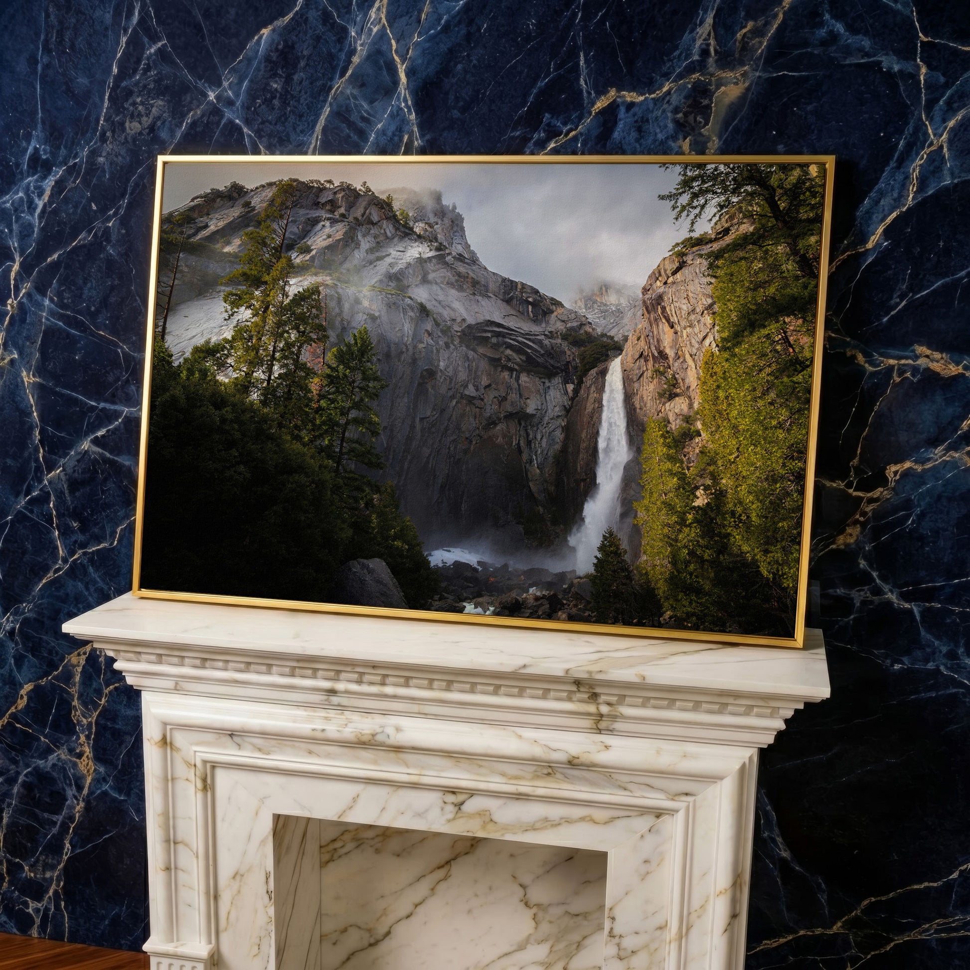 Winter Storm at Yosemite Falls Panoramic Canvas in yellow gold floating frame