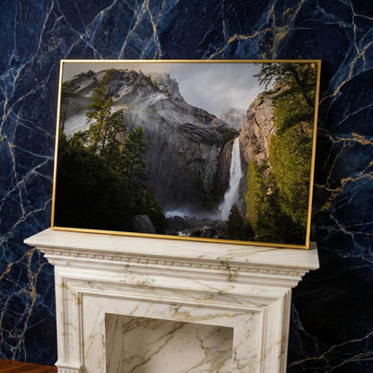 Winter Storm at Yosemite Falls Panoramic Canvas in yellow gold floating frame