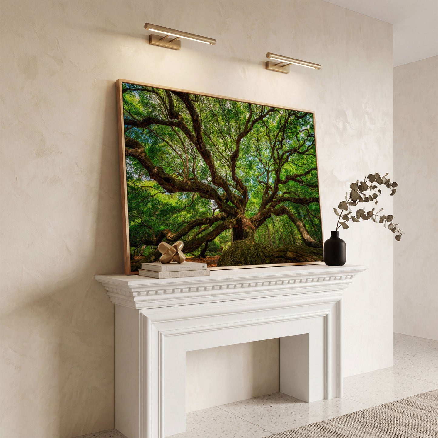 Angel Oak Tree Canvas Wall Art, Charleston Forest Photography in white oak floating frame