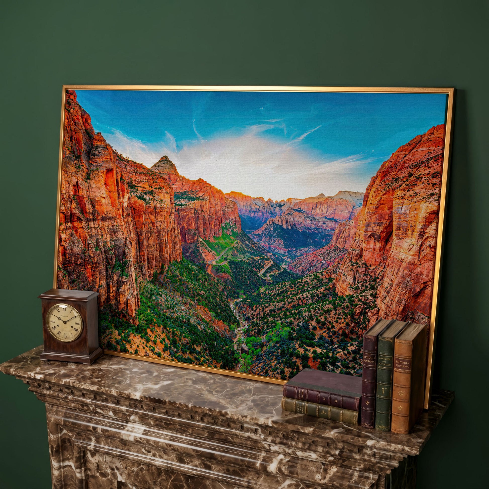 Zion Canyon Panoramic Canvas Print in antique gold floating frame
