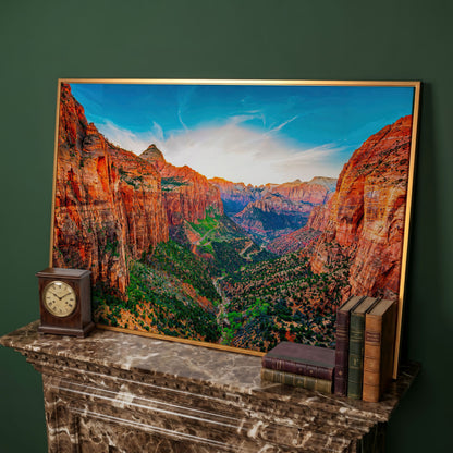 Zion Canyon Panoramic Canvas Print in antique gold floating frame