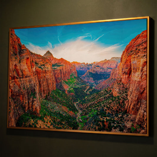 Zion Canyon Panoramic Canvas Print shown in antique gold floating frame