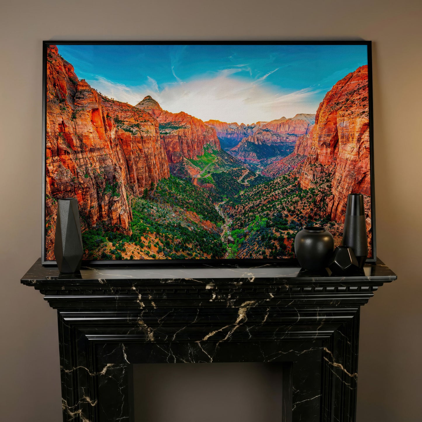Zion Canyon Panoramic Canvas Print in black floating frame