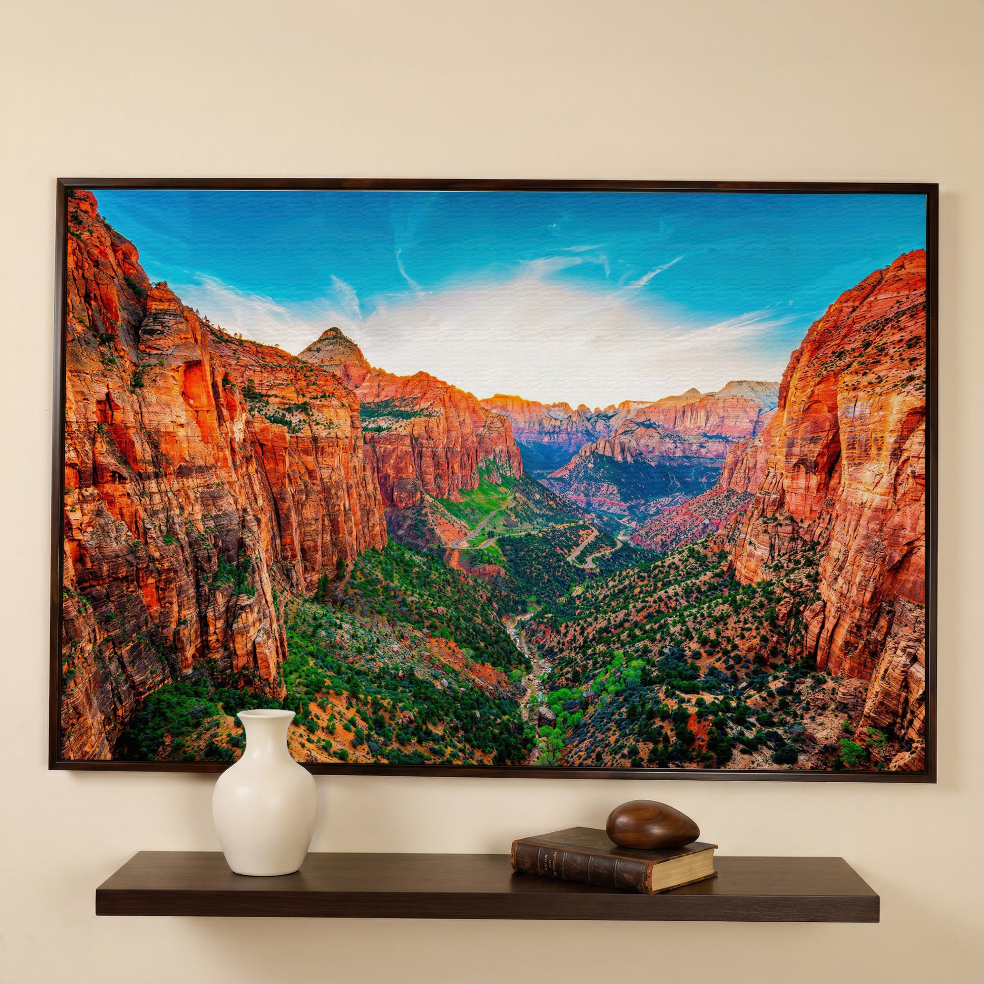 Zion Canyon Panoramic Canvas Print in dark walnut floating frame