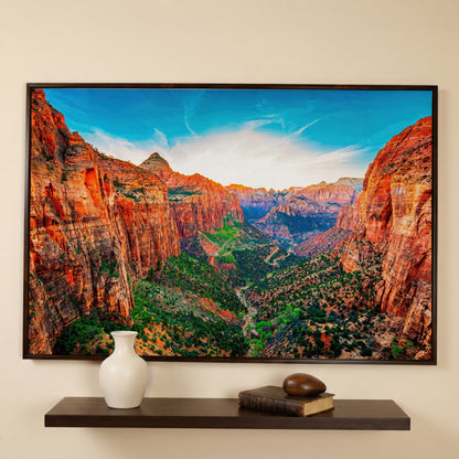 Zion Canyon Panoramic Canvas Print in dark walnut floating frame