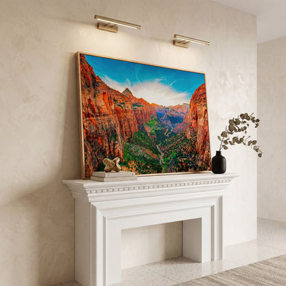 Zion Canyon Panoramic Canvas Print in white oak floating frame