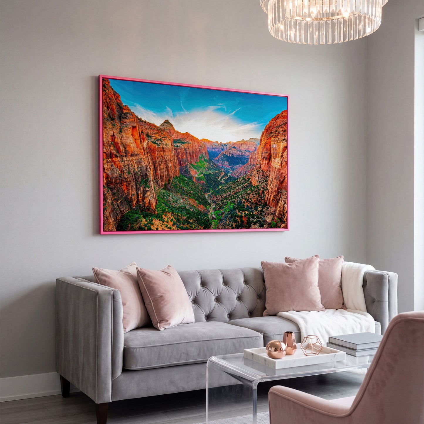 Zion Canyon Panoramic Canvas Print in pink floating frame
