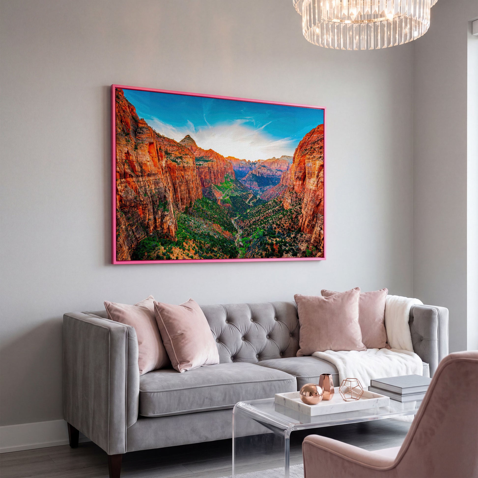 Zion Canyon Panoramic Canvas Print in pink floating frame