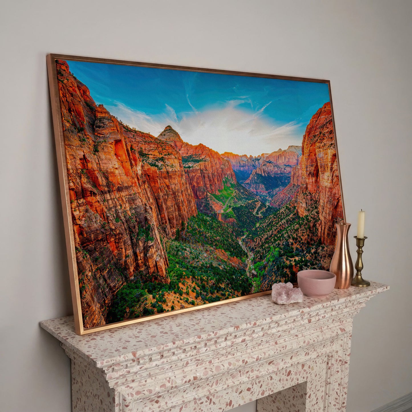 Zion Canyon Panoramic Canvas Print in rose gold floating frame